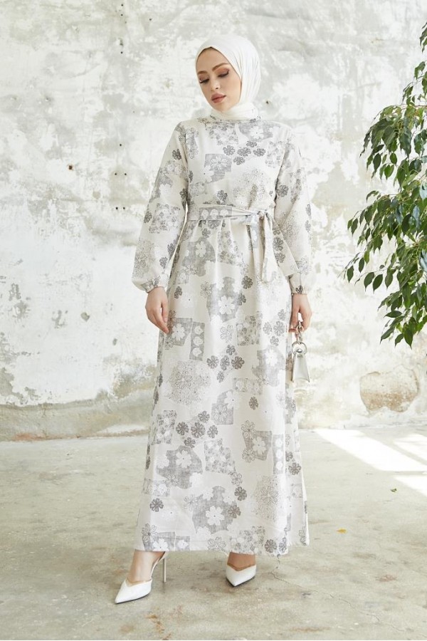  Desenli Keten Tesettür Elbise Siyah 2519