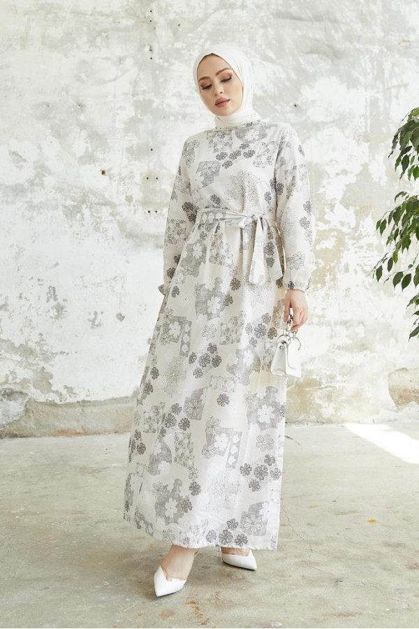  Desenli Keten Tesettür Elbise Siyah 2519