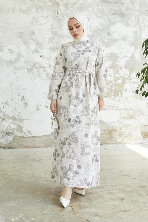  Desenli Keten Tesettür Elbise Siyah 2519