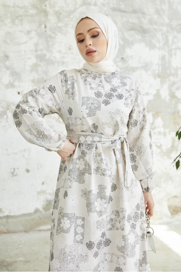  Desenli Keten Tesettür Elbise Siyah 2519