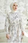  Desenli Keten Tesettür Elbise Siyah 2519