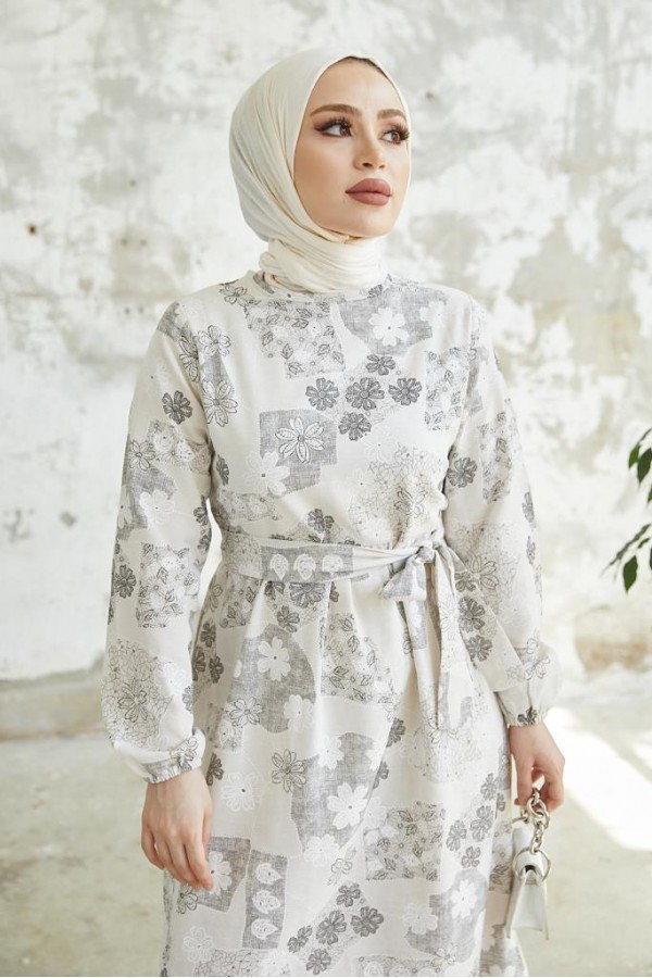  Desenli Keten Tesettür Elbise Siyah 2519