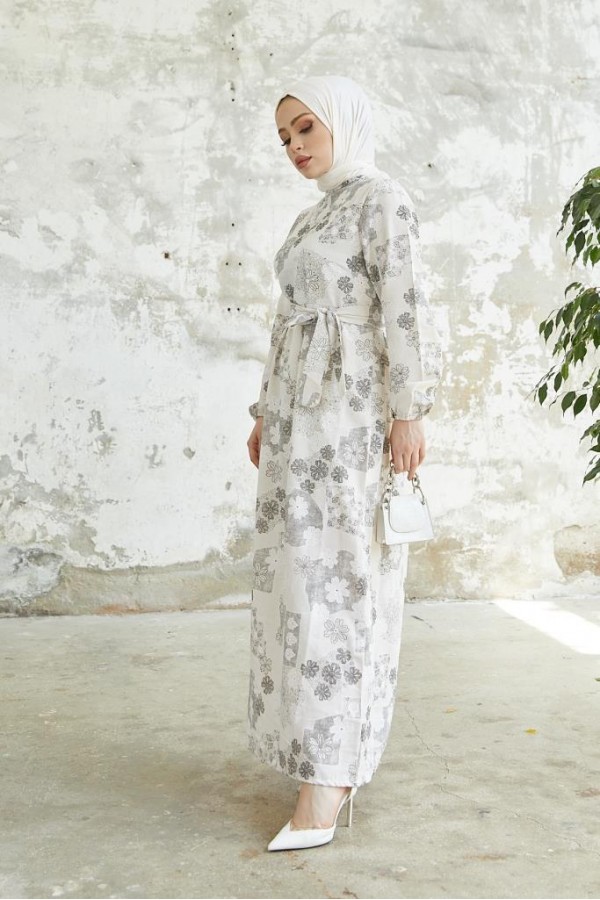  Desenli Keten Tesettür Elbise Siyah 2519