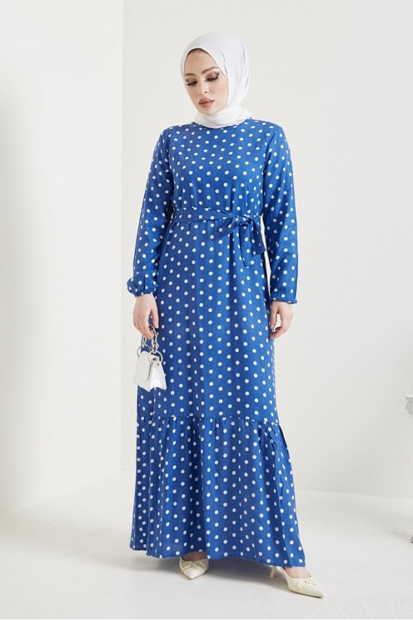  Puantiye Desen Tesettür Viskon Elbise İndigo 2381
