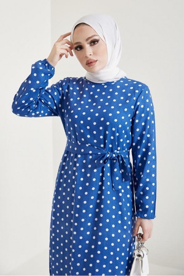  Puantiye Desen Tesettür Viskon Elbise İndigo 2381