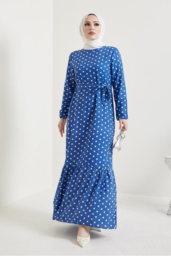  Puantiye Desen Tesettür Viskon Elbise İndigo 2381