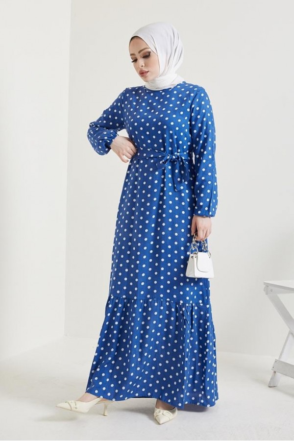  Puantiye Desen Tesettür Viskon Elbise İndigo 2381