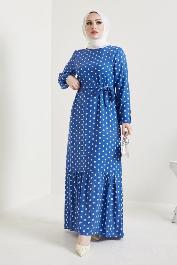  Puantiye Desen Tesettür Viskon Elbise İndigo 2381