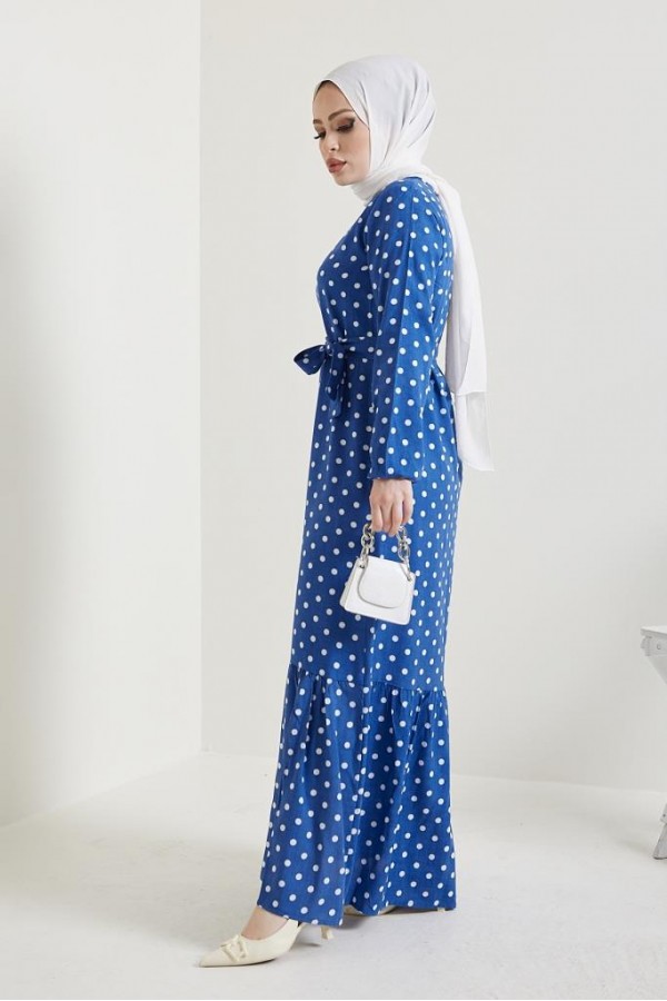 Puantiye Desen Tesettür Viskon Elbise İndigo 2381