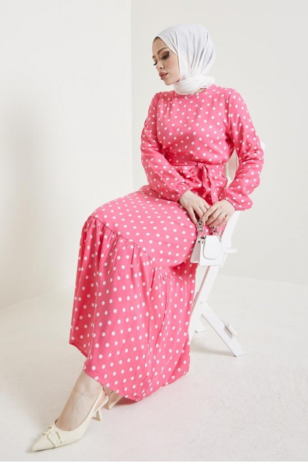  Puantiye Desen Tesettür Viskon Elbise Pembe 2381