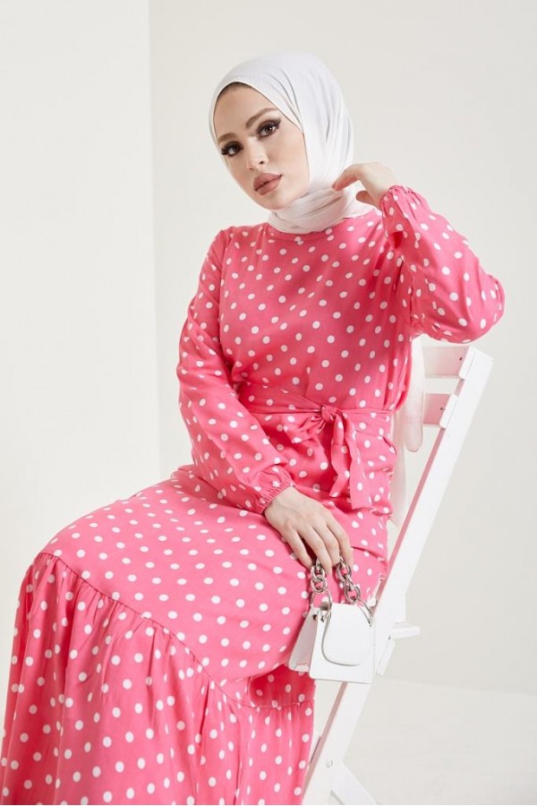  Puantiye Desen Tesettür Viskon Elbise Pembe 2381