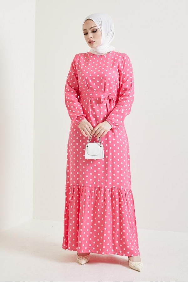  Puantiye Desen Tesettür Viskon Elbise Pembe 2381