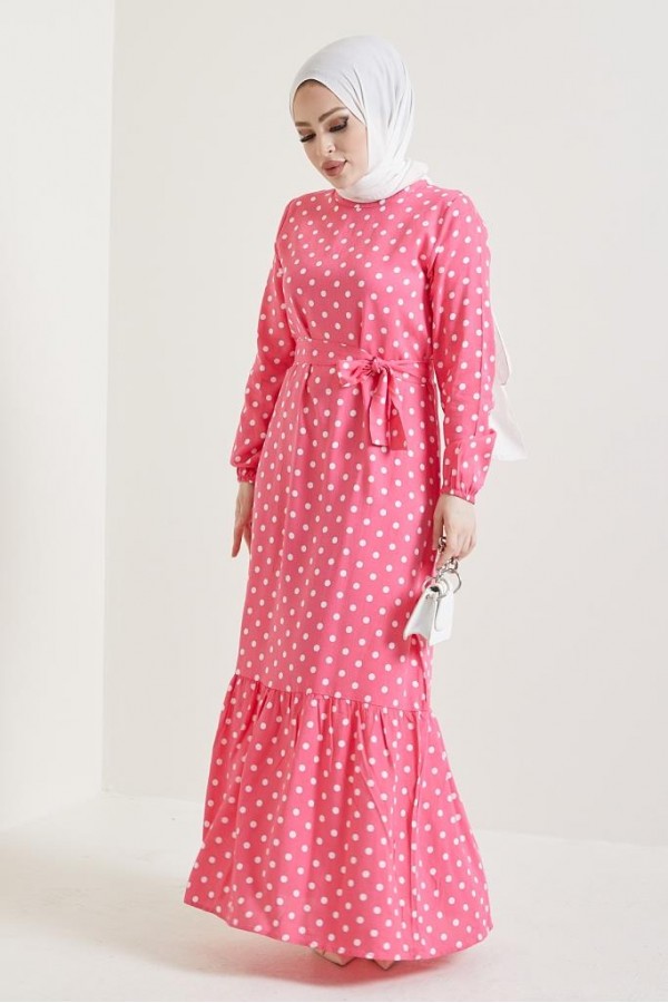  Puantiye Desen Tesettür Viskon Elbise Pembe 2381