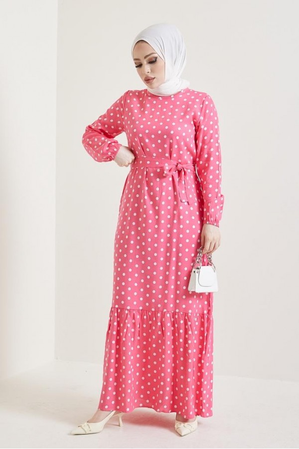  Puantiye Desen Tesettür Viskon Elbise Pembe 2381