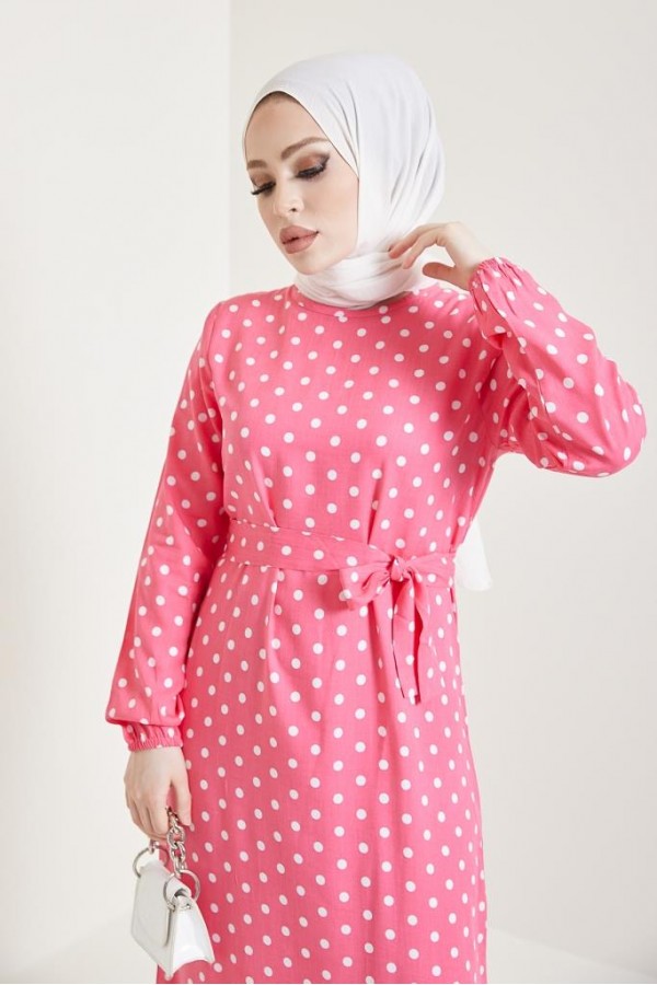  Puantiye Desen Tesettür Viskon Elbise Pembe 2381