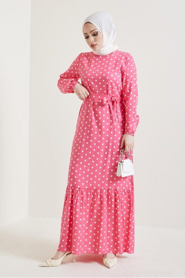  Puantiye Desen Tesettür Viskon Elbise Pembe 2381