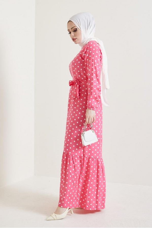  Puantiye Desen Tesettür Viskon Elbise Pembe 2381