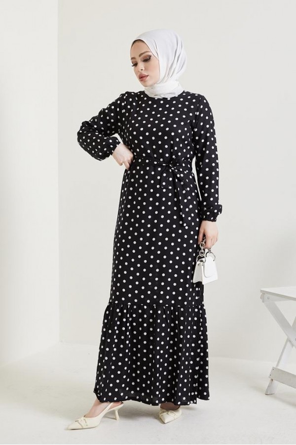  Puantiye Desen Tesettür Viskon Elbise Siyah 2381