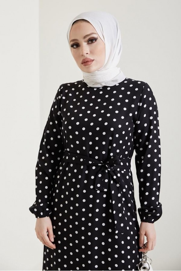  Puantiye Desen Tesettür Viskon Elbise Siyah 2381