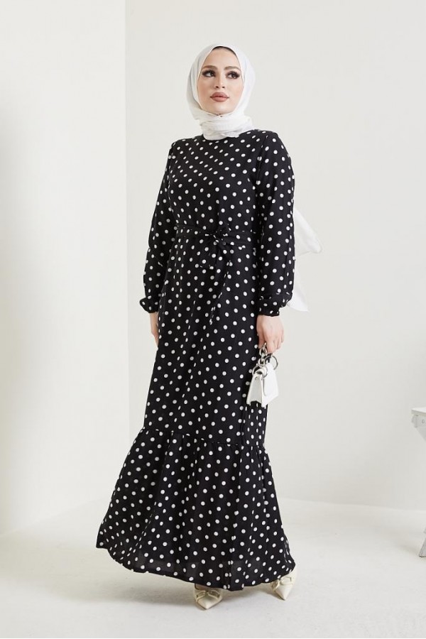  Puantiye Desen Tesettür Viskon Elbise Siyah 2381