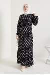  Puantiye Desen Tesettür Viskon Elbise Siyah 2381