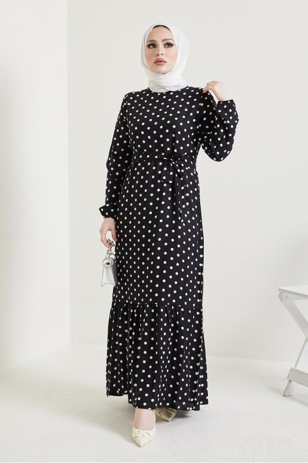  Puantiye Desen Tesettür Viskon Elbise Siyah 2381