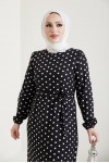  Puantiye Desen Tesettür Viskon Elbise Siyah 2381