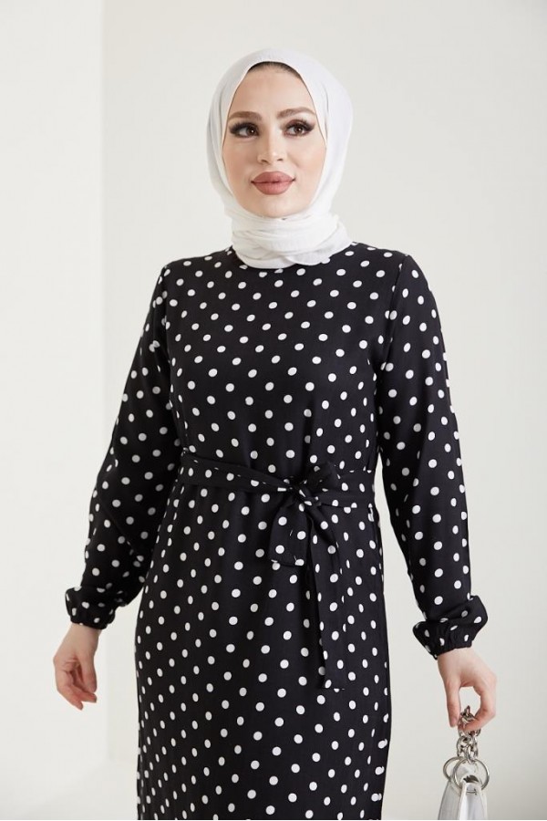  Puantiye Desen Tesettür Viskon Elbise Siyah 2381