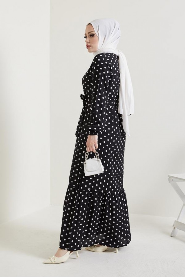  Puantiye Desen Tesettür Viskon Elbise Siyah 2381