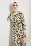 Çiçek Desen Tesettür Viskon Elbise Ekru 2373