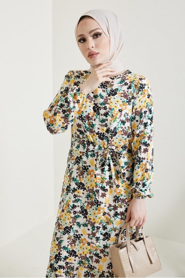  Çiçek Desen Tesettür Viskon Elbise Ekru 2373