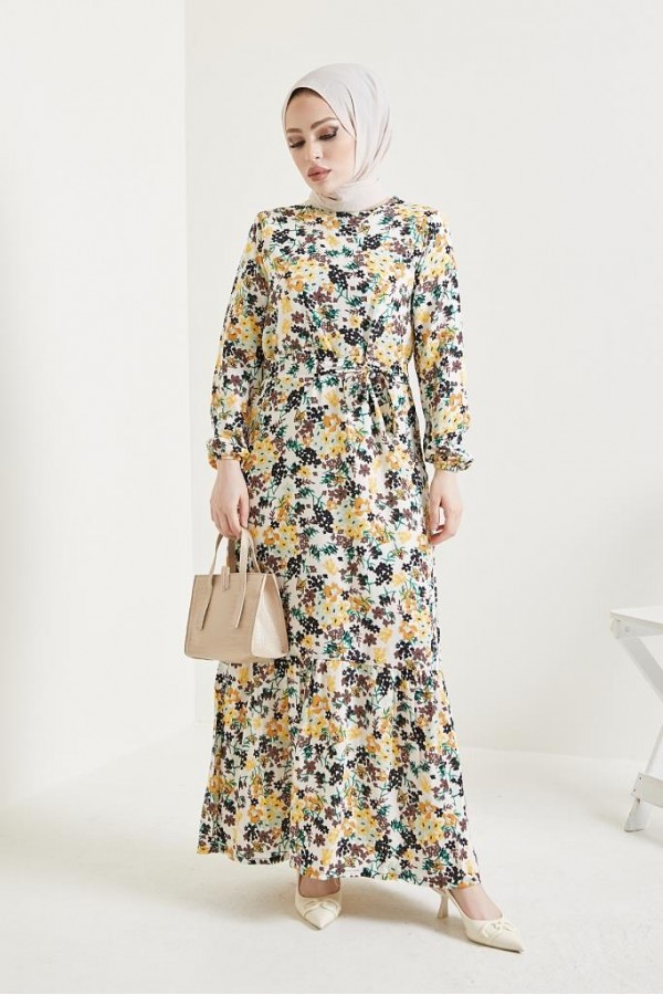  Çiçek Desen Tesettür Viskon Elbise Ekru 2373