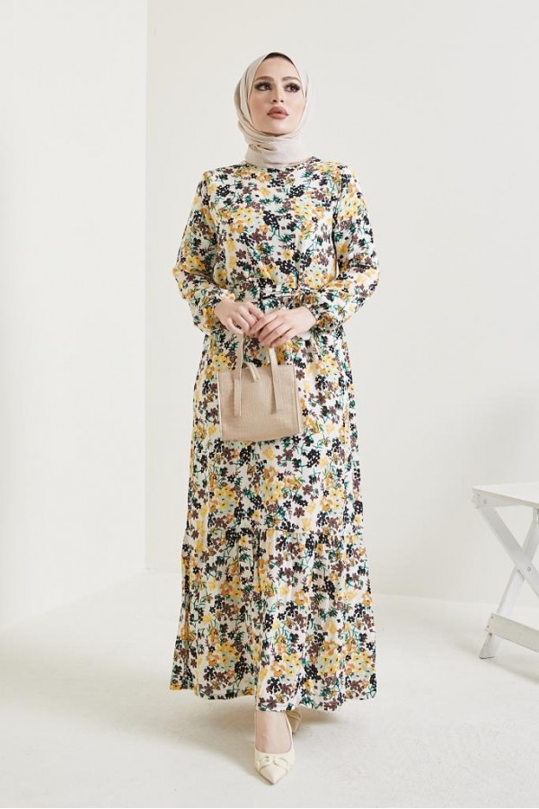  Çiçek Desen Tesettür Viskon Elbise Ekru 2373