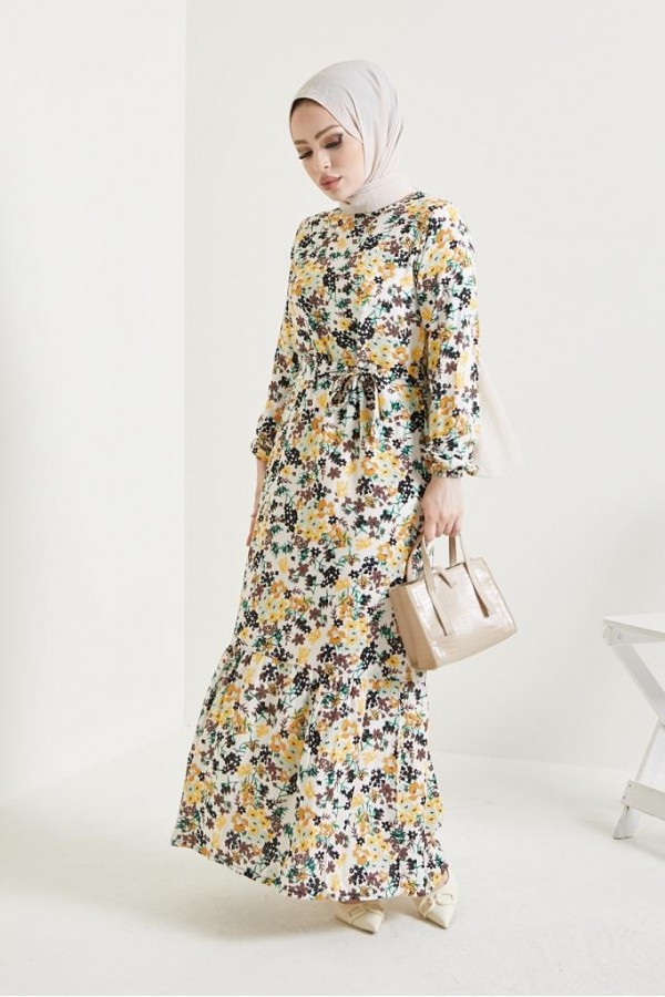  Çiçek Desen Tesettür Viskon Elbise Ekru 2373