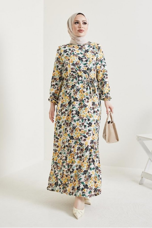  Çiçek Desen Tesettür Viskon Elbise Ekru 2373