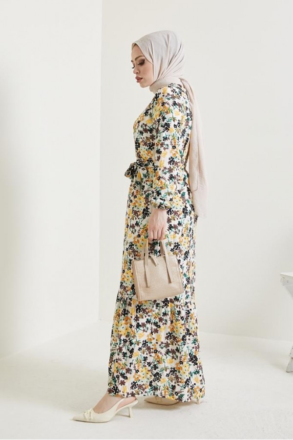  Çiçek Desen Tesettür Viskon Elbise Ekru 2373