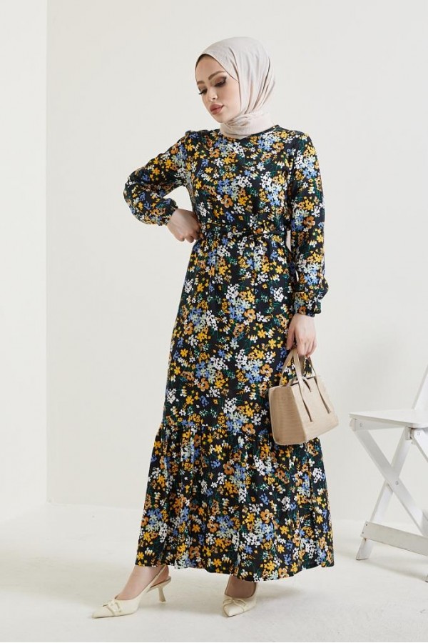  Çiçek Desen Tesettür Viskon Elbise Siyah 2373