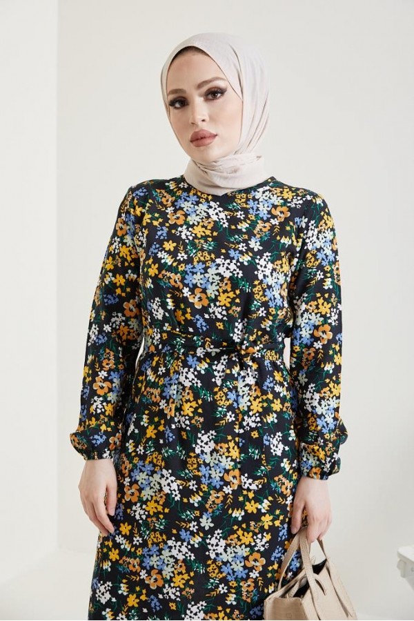  Çiçek Desen Tesettür Viskon Elbise Siyah 2373