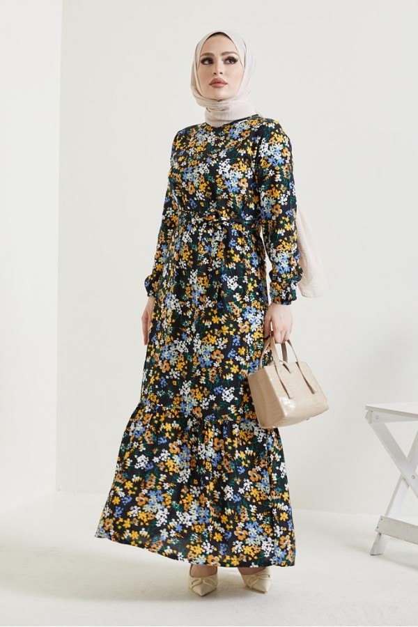  Çiçek Desen Tesettür Viskon Elbise Siyah 2373