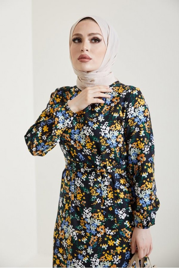  Çiçek Desen Tesettür Viskon Elbise Siyah 2373