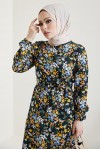  Çiçek Desen Tesettür Viskon Elbise Siyah 2373