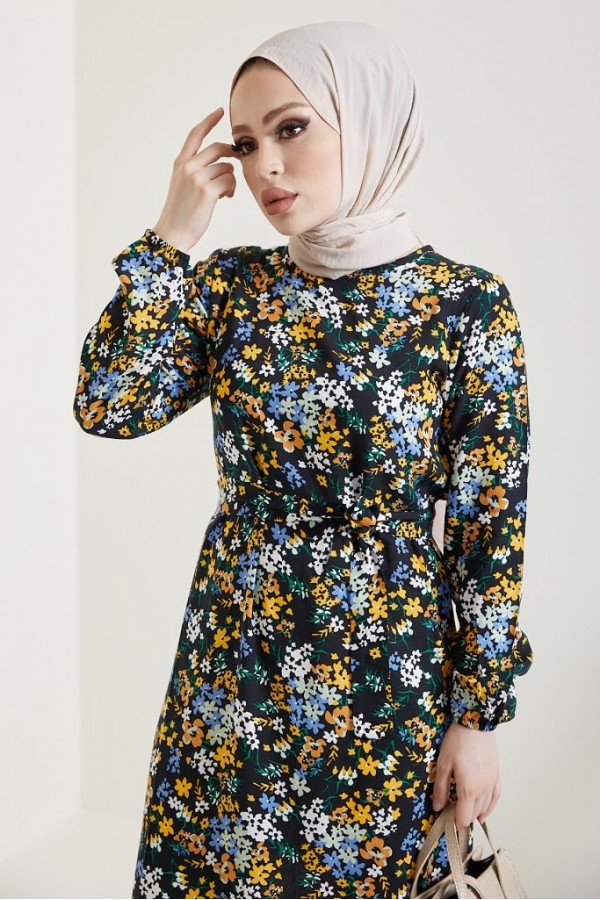  Çiçek Desen Tesettür Viskon Elbise Siyah 2373