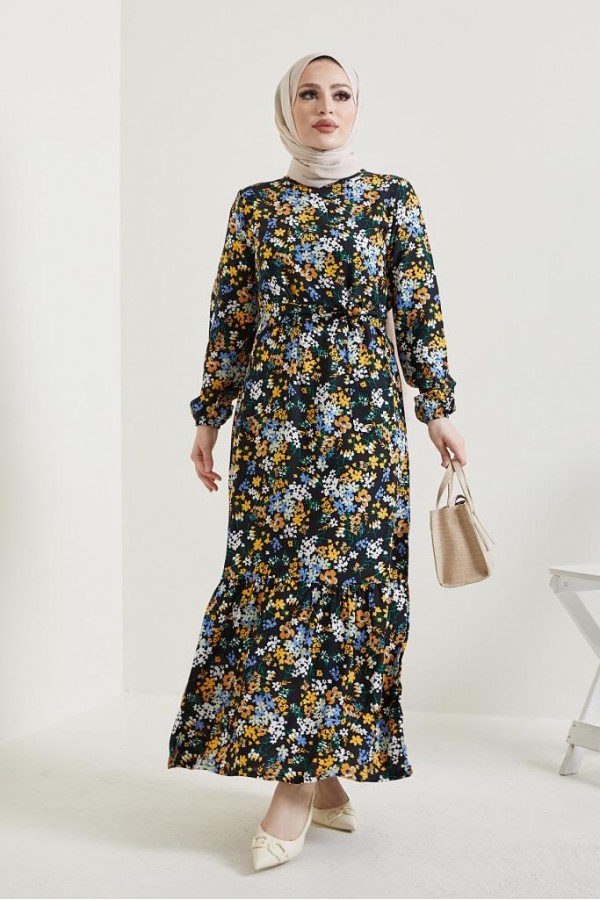  Çiçek Desen Tesettür Viskon Elbise Siyah 2373