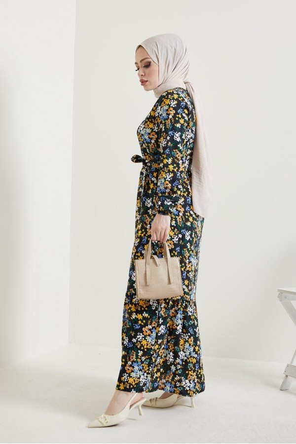  Çiçek Desen Tesettür Viskon Elbise Siyah 2373