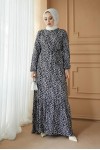  Desenli Tesettür Viskon Elbise Siyah 2392