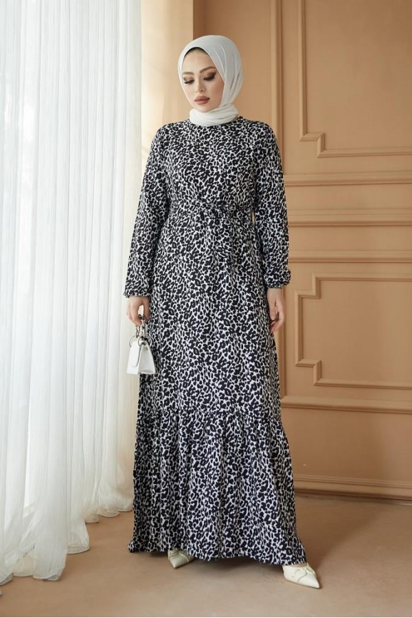  Desenli Tesettür Viskon Elbise Siyah 2392
