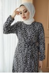  Desenli Tesettür Viskon Elbise Siyah 2392