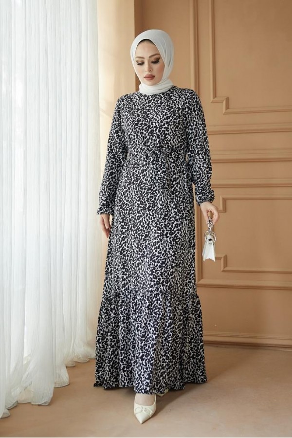  Desenli Tesettür Viskon Elbise Siyah 2392