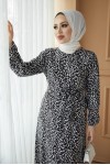  Desenli Tesettür Viskon Elbise Siyah 2392