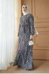  Desenli Tesettür Viskon Elbise Siyah 2392